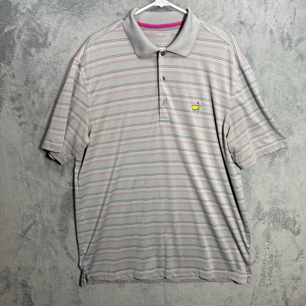 Masters Tech Golf Polo Shirt Mens‎ Large Gray Pink Striped Short Sleeve Stretch